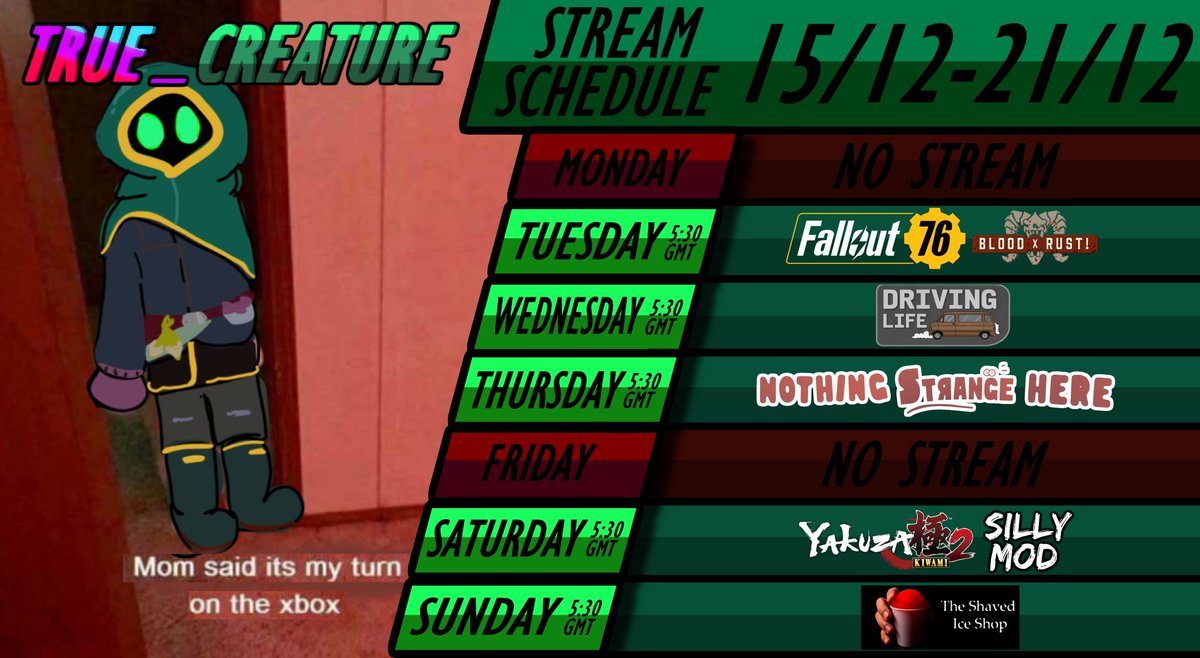 True_Creature's tweet image. the return kedule