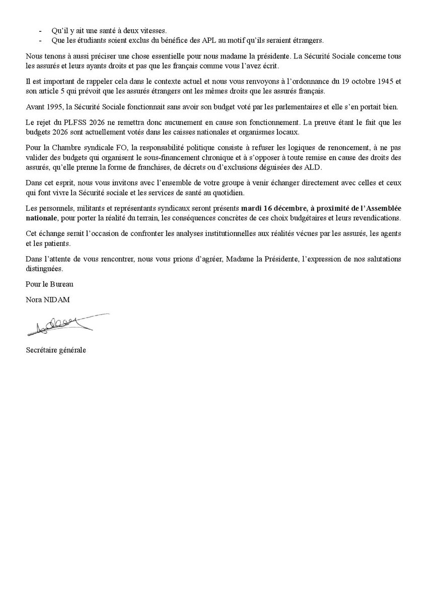 Madame <a href="/Cyrielle_Chtl/">Cyrielle Chatelain</a>, notre réponse à votre mail de vendredi 12. Venez débattre avec nous demain. Nous vous donnerons toutes les raisons pour voter contre ce PLFSS de malheur. 
#PLFSS2026 #securitesociale