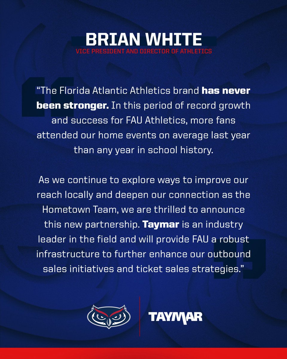 Owls announce key partnership with industry-leader Taymar to enhance outbound ticket sales strategies and initiatives 🎟️

📰 fausports.com/news/2025/12/1…

#WIP🏝️