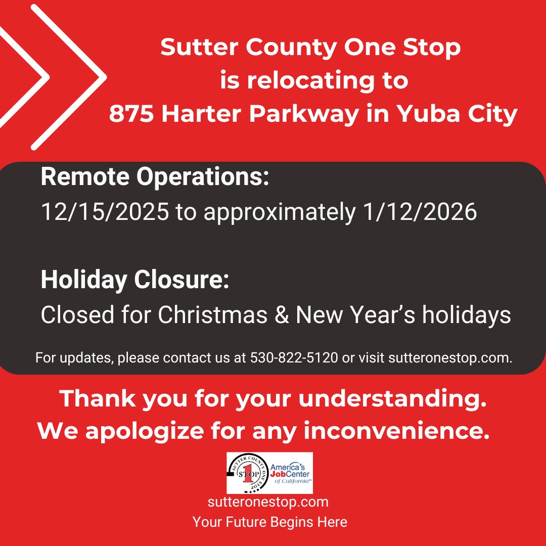 We are relocating in January 2026 to 875 Harter Parkway, YC, CA 95993

Office Closed: December 8–12, 2025 (Packing)
Remote Operations: December 15, 2025 – approximately January 12, 2026
Holiday Closure: Closed for Christmas &amp; New Year’s holidays

For updates, call:
530-822-5120.