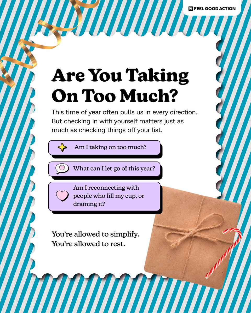 FeelGoodAction's tweet image. Feeling holiday overwhelm? You’re not alone.

Check in with yourself:
• Am I taking on too much?
• What can I let go of?
• Who helps me feel grounded?

This season is about connection, not perfection. 💛

#FeelGoodAction #CommunityCare #HolidayWellness