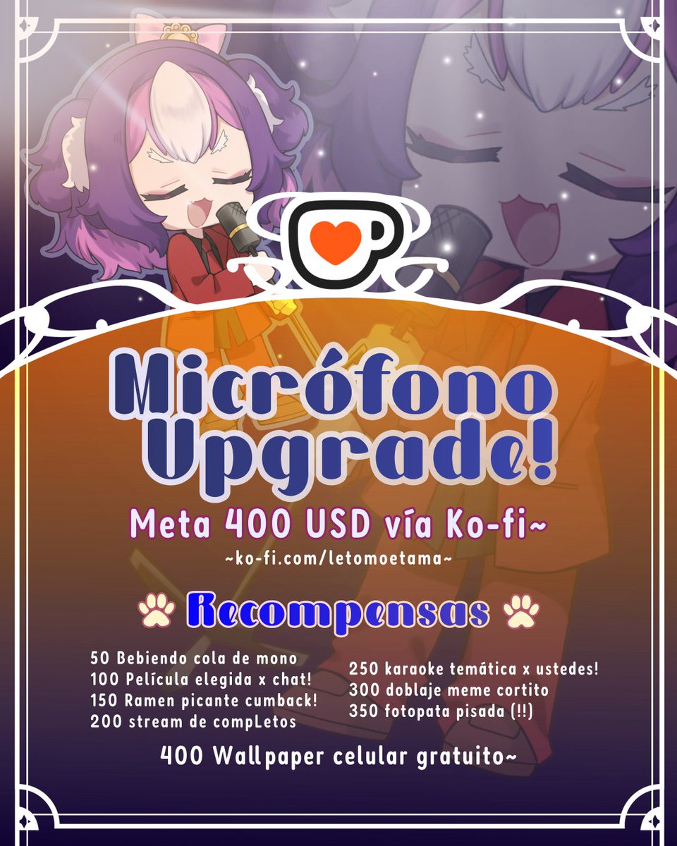 Wan wan~🐶💖
Omelettos!! n-n Tengo nueva metita en Ko-fi! Le tengo echado el ojo a una buena interfaz+micrófono condensador y tengo ganas de mejorar la calidad de mis audios :D :D 
Ayúdenme a hacer más idol mis ladridos! n-n

Detalles abajo 👇👇👇 #VTuberES
