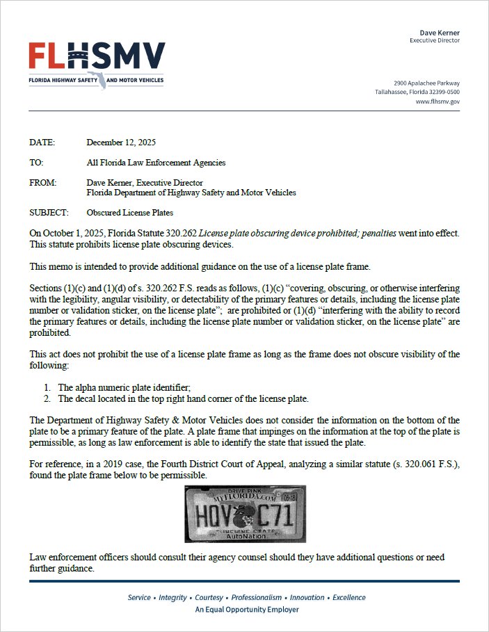 Clarification on Florida Statute 320.262 regarding penalties for obscuring license plates with frames or covers that went into effect October 1st, 2025.