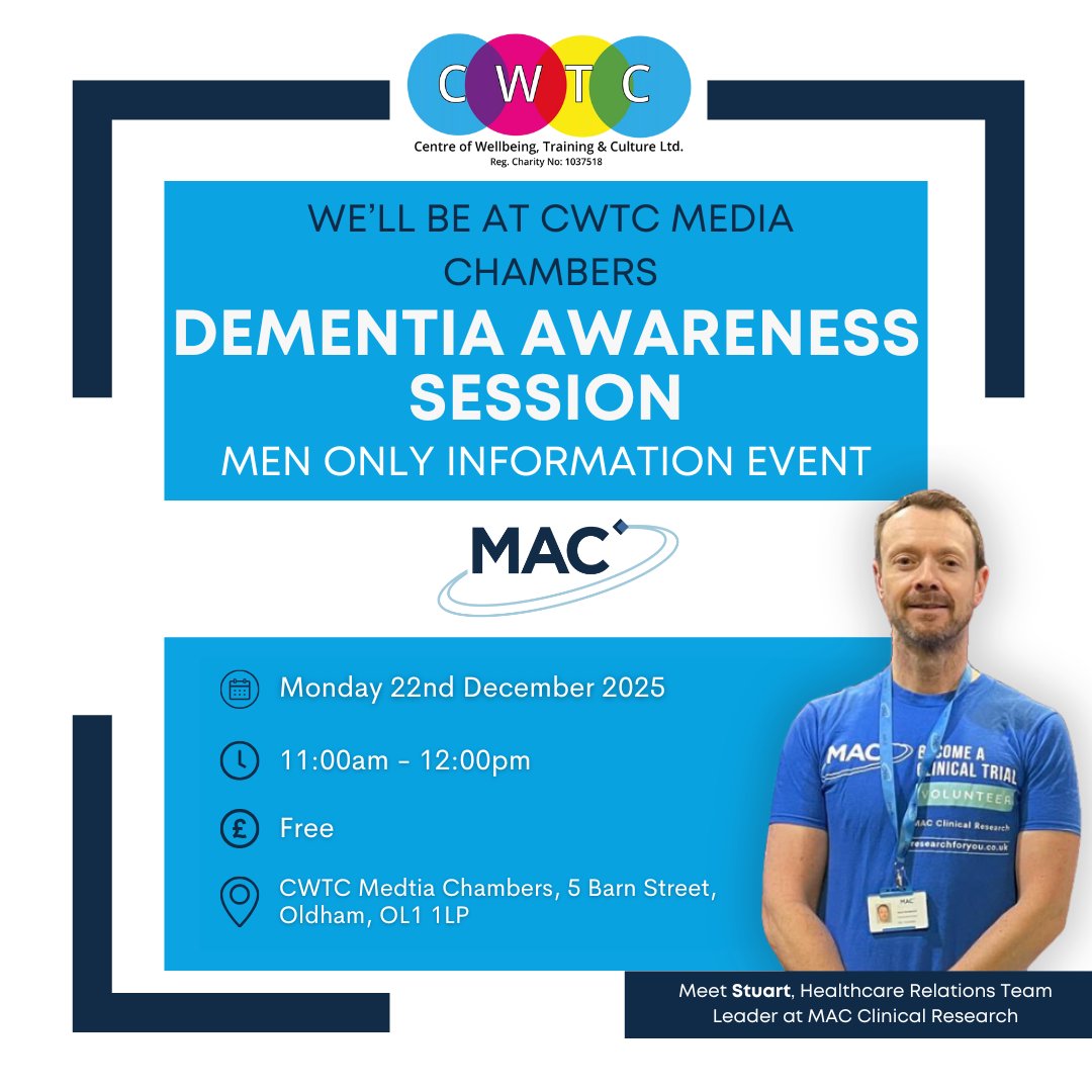 MAC_Research's tweet image. #MACClinicalResearch is attending @cwtc_uk’s Dementia Awareness Session, on Monday 22nd December in Oldham!

Want to find a MAC Clinical Research trial to suit you? Visit: bit.ly/3ql9kEz

#DementiaAwareness