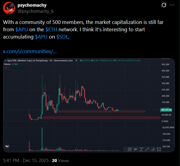 5 hours ago I posted this on my profile page, and now you can see it for yourself.

The spirit of $APU on Solana never dies, best wishes to all of you bag holders at the bottom who are patiently waiting for this.