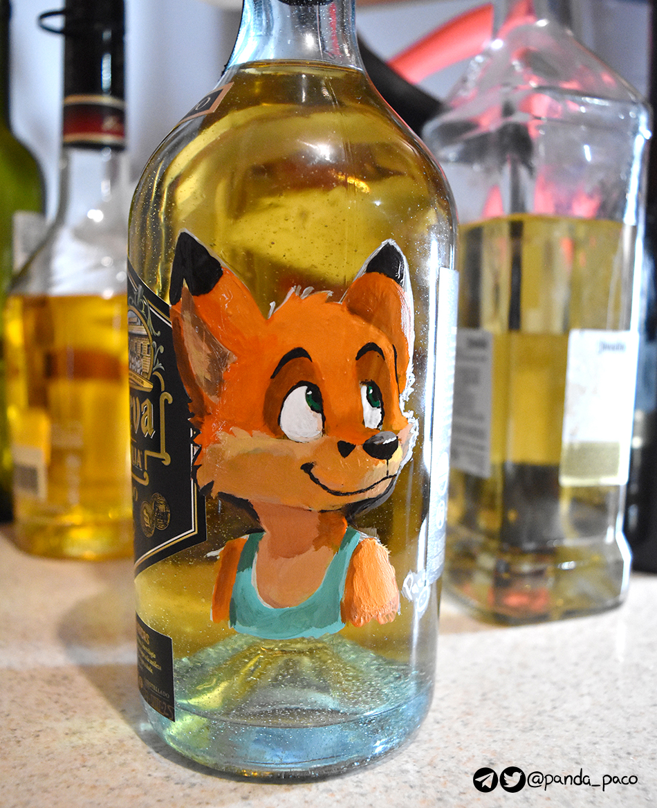 A happy fox staring back at you from a tequila bottle, judging your life choices in a very friendly way.
This request was interesting, painting a fox directly onto a glass tequila bottle. 

Made as a one-of-a-kind piece for <a href="/Phoxs/">Gιɢι</a>  from <a href="/TraxMeow/">Trax</a>