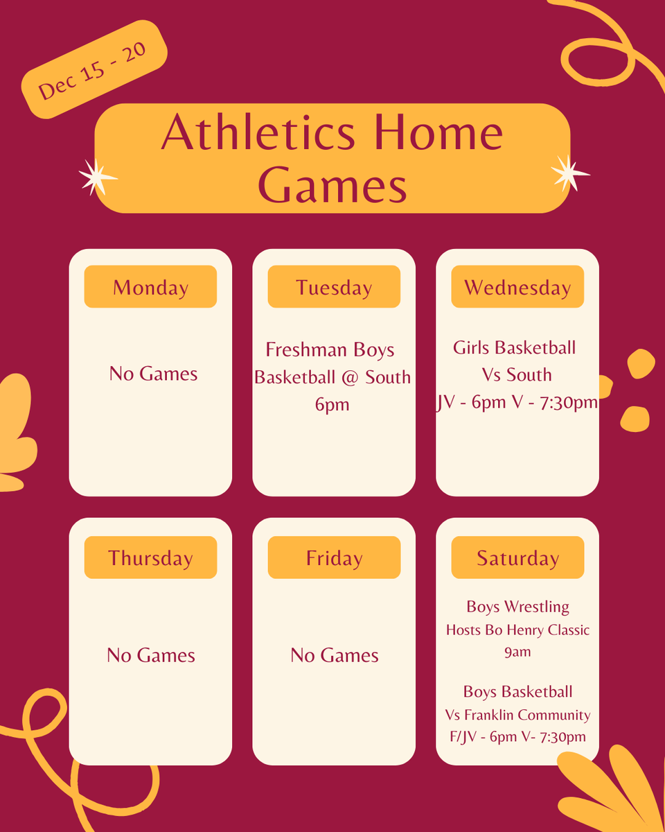 A few opportunities to support before winter break; a big one being GBB vs the other side on Wednesday! All of this assuming we don't continue to get things canceled due to weather...