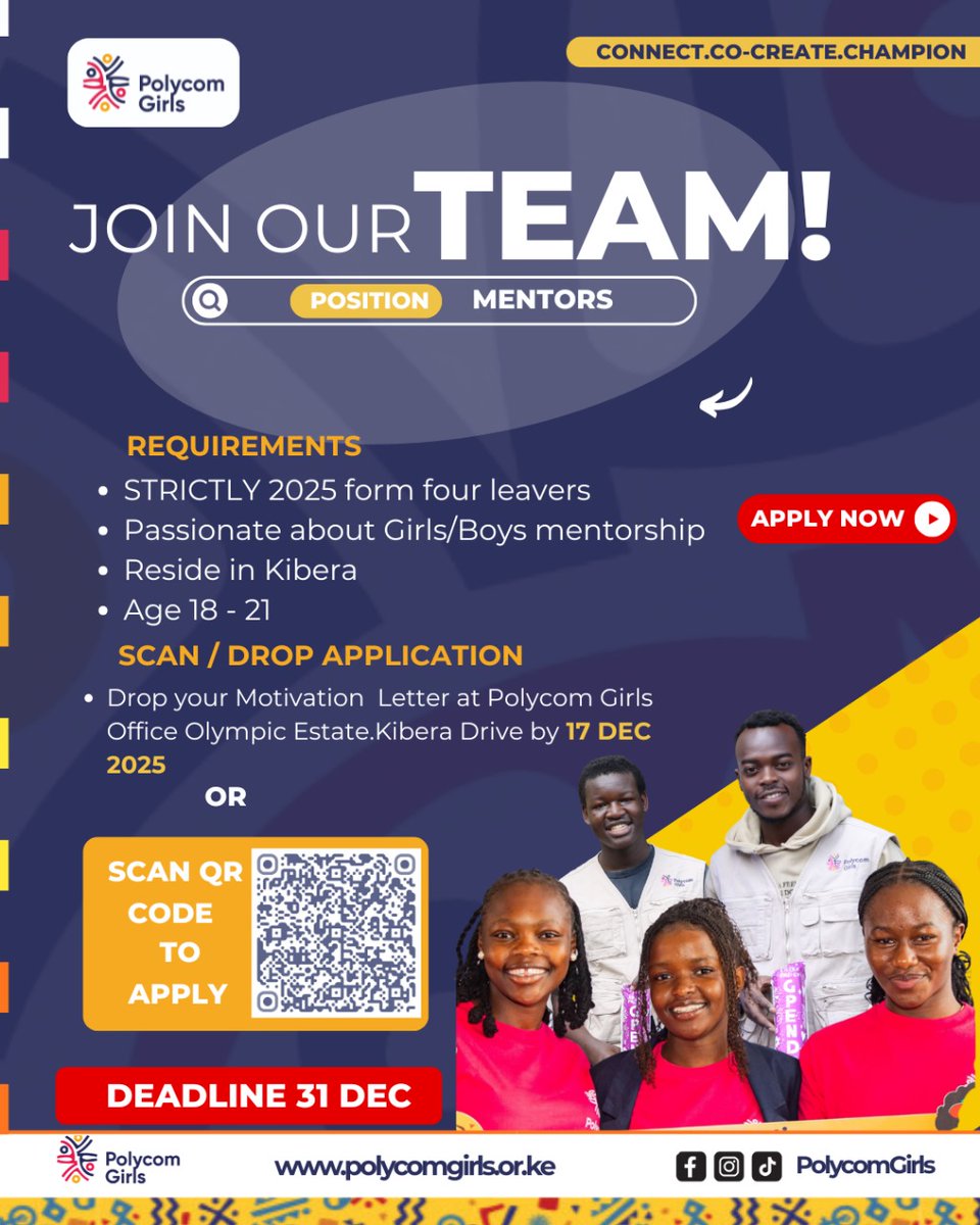 Calling on Individuals, who are committed to leadership, community service and positive change. This is an opportunity to connect, co-create and champion change within your community.

Drop your motivation letter at Polycom Girls Office 

Or

Apply on 👇
 docs.google.com/forms/d/e/1FAI…