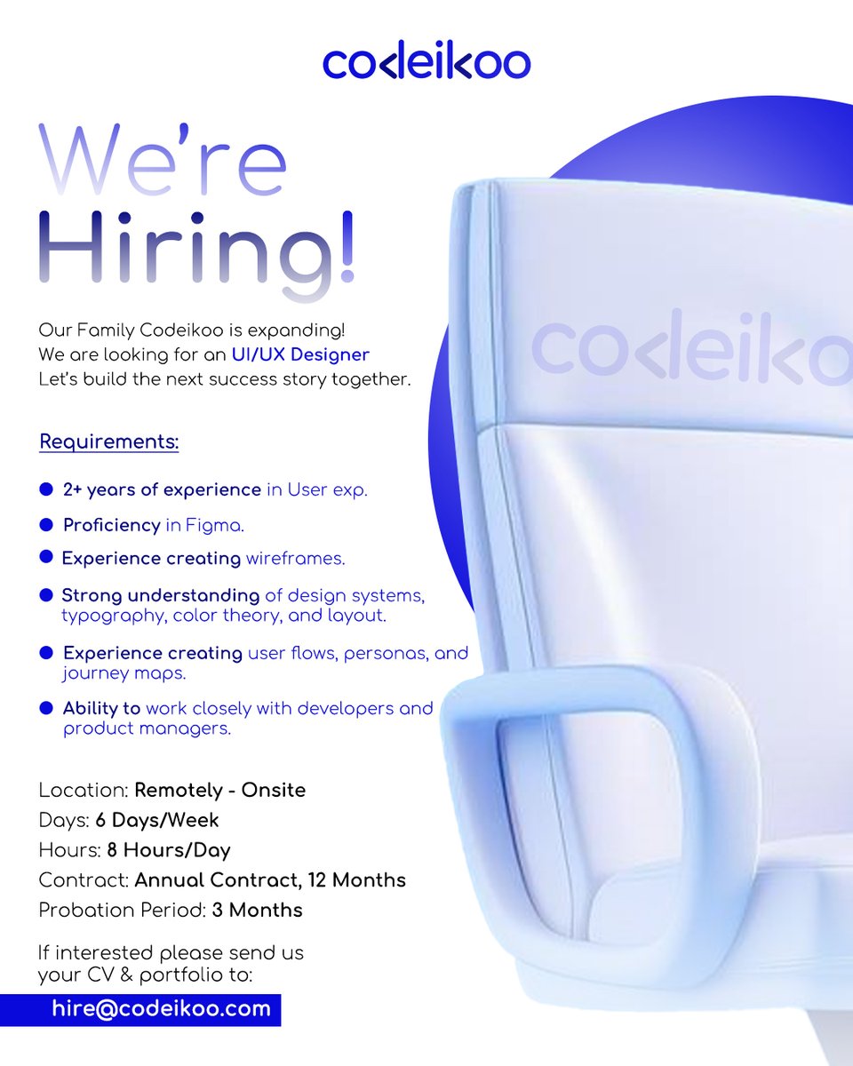 codeikoo's tweet photo. We're Hiring!
Our Family Codeikoo is expanding!

We are looking for an:
- Technical Lead
- Front, Back-end Developer
- App Developer
- UI/UX Designer
- Project Manager

Plz use the job title {Your Name}
if interested please send us your CV &amp; Portfolio to:
hire@codeikoo.com https://t.co/i3xiFDyOzn