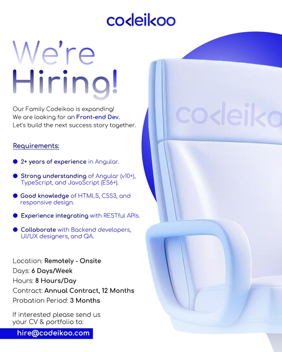 codeikoo's tweet photo. We're Hiring!
Our Family Codeikoo is expanding!

We are looking for an:
- Technical Lead
- Front, Back-end Developer
- App Developer
- UI/UX Designer
- Project Manager

Plz use the job title {Your Name}
if interested please send us your CV &amp; Portfolio to:
hire@codeikoo.com https://t.co/i3xiFDyOzn