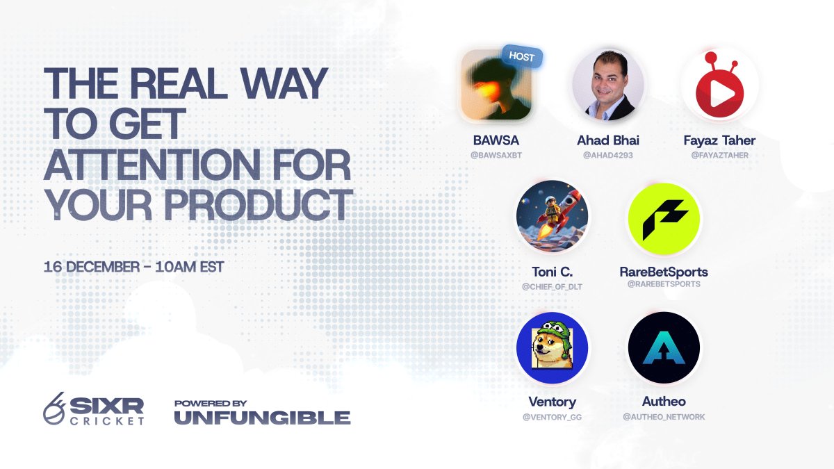 SIXR_cricket's tweet image. Join us on our weekly spaces tomorrow. 

Topic: The Real Way to Get Attention for your Product

📅 December 16 - 10 AM EST

Set your reminders below!