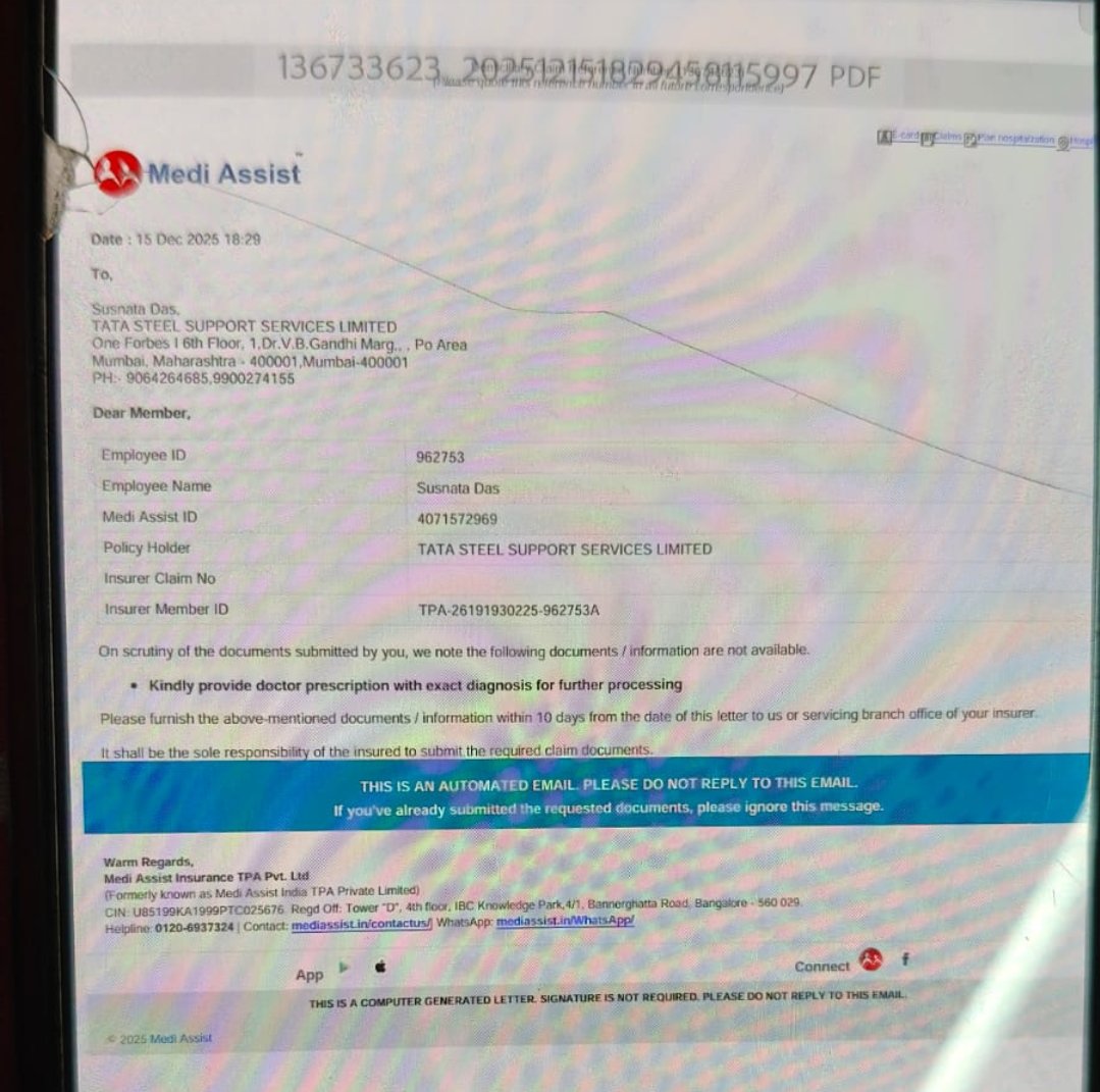 susnatad's tweet photo. @BajajAllianz @bajajgeneral @tapansinghel
Formal complaint: My domiciliary claim (₹13,770) being delyd by repeated demands 4the same prescription,already submitted 4 times.This delay &amp; harasment,violating IRDAI norms.Sking immediate setlement.
@IRDAI_Official
Claim No: 136733623 https://t.co/tMcJdwC7x4