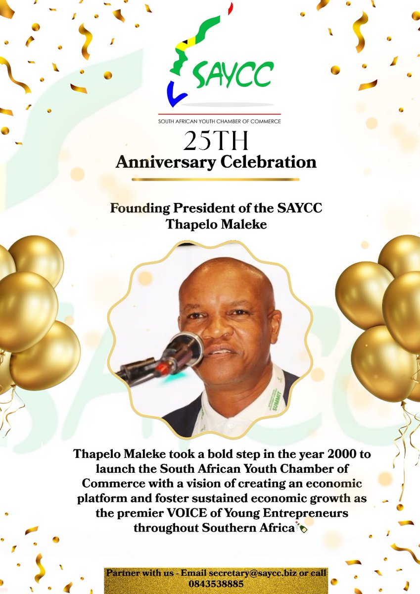 SAYCC3's tweet image. Dear Entrepreneurs, The SAYCC is celebrating 25 Years of Entrepreneurship excellence. We humbly request all Entrepreneurs to contribute towards the planned anniversary activities in the 9 provinces for the next 12 months. Join us by Email - events@saycc.biz or call 0843538885.