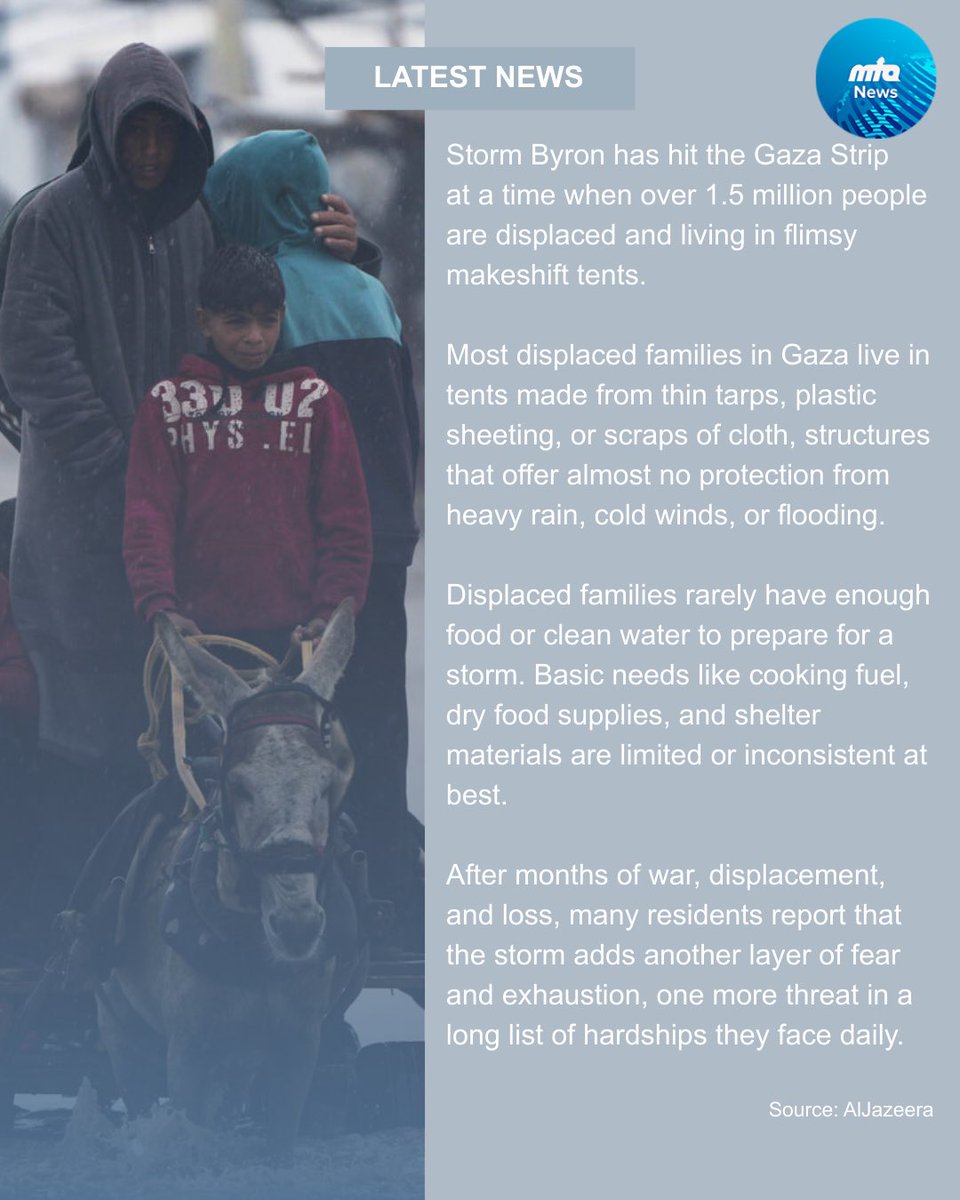 NewsMTA's tweet image. 🚨 Gaza’s displaced people are facing a catastrophic winter storm with almost nothing to protect them. 

Storm Byron has brought flooding, cold, and fear to communities already battered by years of conflict and displacement. disaster.