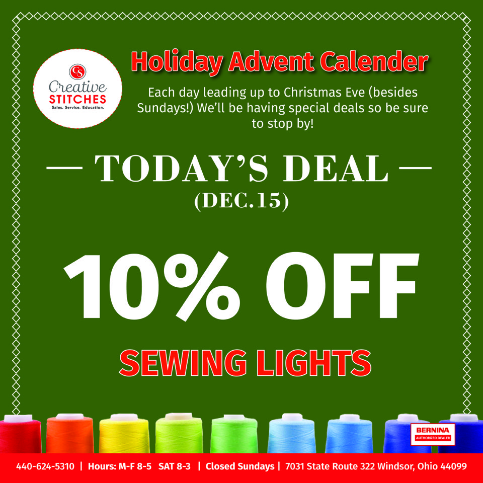 MiddlefieldPost's tweet image. 🎄 Today’s Advent Deal at Creative Stitches!

🧵💡 10% OFF Sewing Lights (Dec. 15 only!)

Brighten your sewing projects before Christmas 🎁

📍 Windsor, OH

#SewingDeals #HolidayAdvent #CreativeStitches #Bernina #ad #SponsoredPost