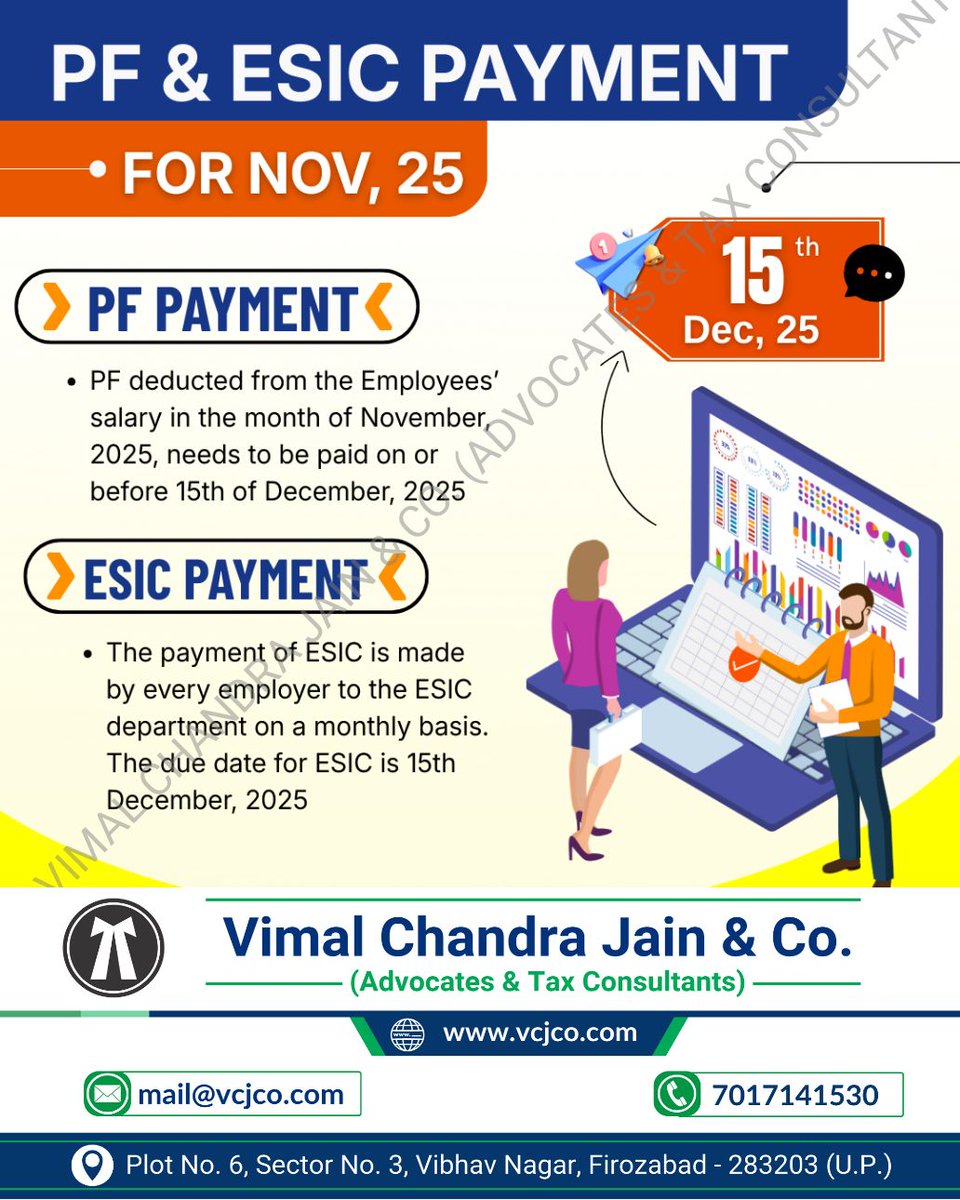 vcj_co's tweet photo. PF & ESIC Payment for November 2025 Due Date Today!
#PF #ESIC #PFCompliance #ESICompliance #LabourLaw #HRCompliance #StatutoryCompliance #EmployeeWelfare #EPFIndia #CorporateCompliance #mathura #vrindavan #jalesar #kotla #dholpura #bharatpur #fariha #jasrana #sirsaganj #etah #auraiya #etawah #kanpur #tundla #vcjco #firozabad #agra #shikohabad #itr #gstr