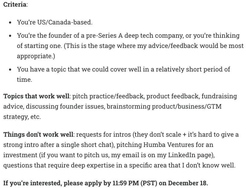 I'm holding deep tech office hours over the holidays (a few days before Christmas and a few days before NYE)

If you're a current or aspiring deep tech founder and would like to chat about anything where a technical VC's take would help, please apply!

codingvc.com/p/humba-ventur…