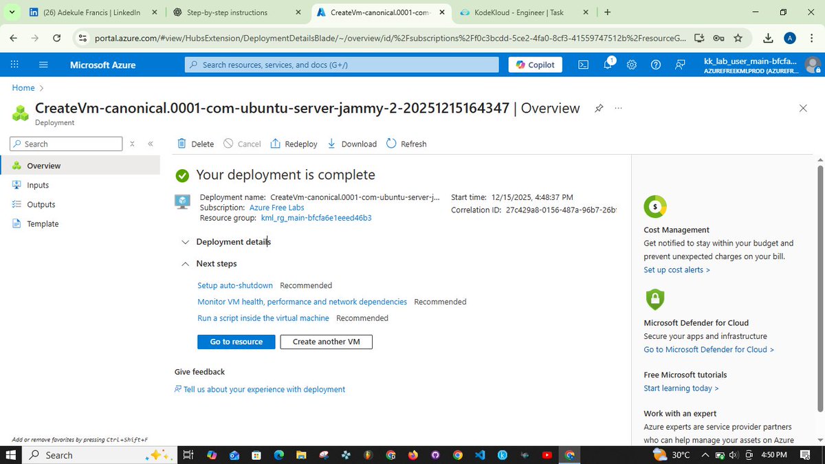 Akpabio100's tweet photo. Successfully Created an Azure VM Using SSH Key

Just created an Azure VM (xfusion-vm) in West US using Ubuntu 22.04 LTS with a Standard_B1s size and SSH key. Lab accepted it even with a newly generated key! 🚀

#Azure #DevOps #CloudComputing #SSHKeys #KodeKloud https://t.co/3dy0pRq1eo
