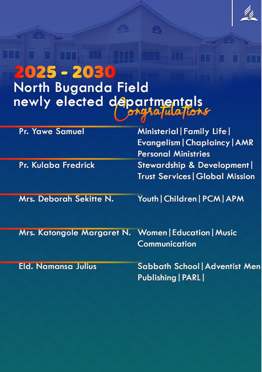UgandaAdventist's tweet photo. Congratulations to the newly elected leadership of North Buganda Field (NBF) in the 3rd session held today at Katikamu SDA secondary School. May God bless their ministry through out this period of 2025-2030. https://t.co/5XuDZlmc7V