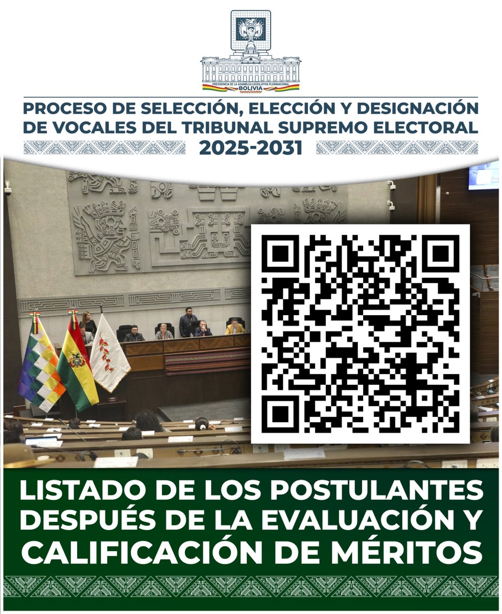 Ya se encuentra disponible la nómina oficial de los postulantes a vocales del Tribunal Supremo Electoral (TSE), luego de la 𝐄𝐯𝐚𝐥𝐮𝐚𝐜𝐢𝐨́𝐧 𝐲 𝐂𝐚𝐥𝐢𝐟𝐢𝐜𝐚𝐜𝐢𝐨́𝐧 𝐝𝐞 𝐌𝐞́𝐫𝐢𝐭𝐨𝐬.

Descarga haciendo clik: shorturl.at/0Ktlt
#TSE
#ComisiónMixtaDeConstitución