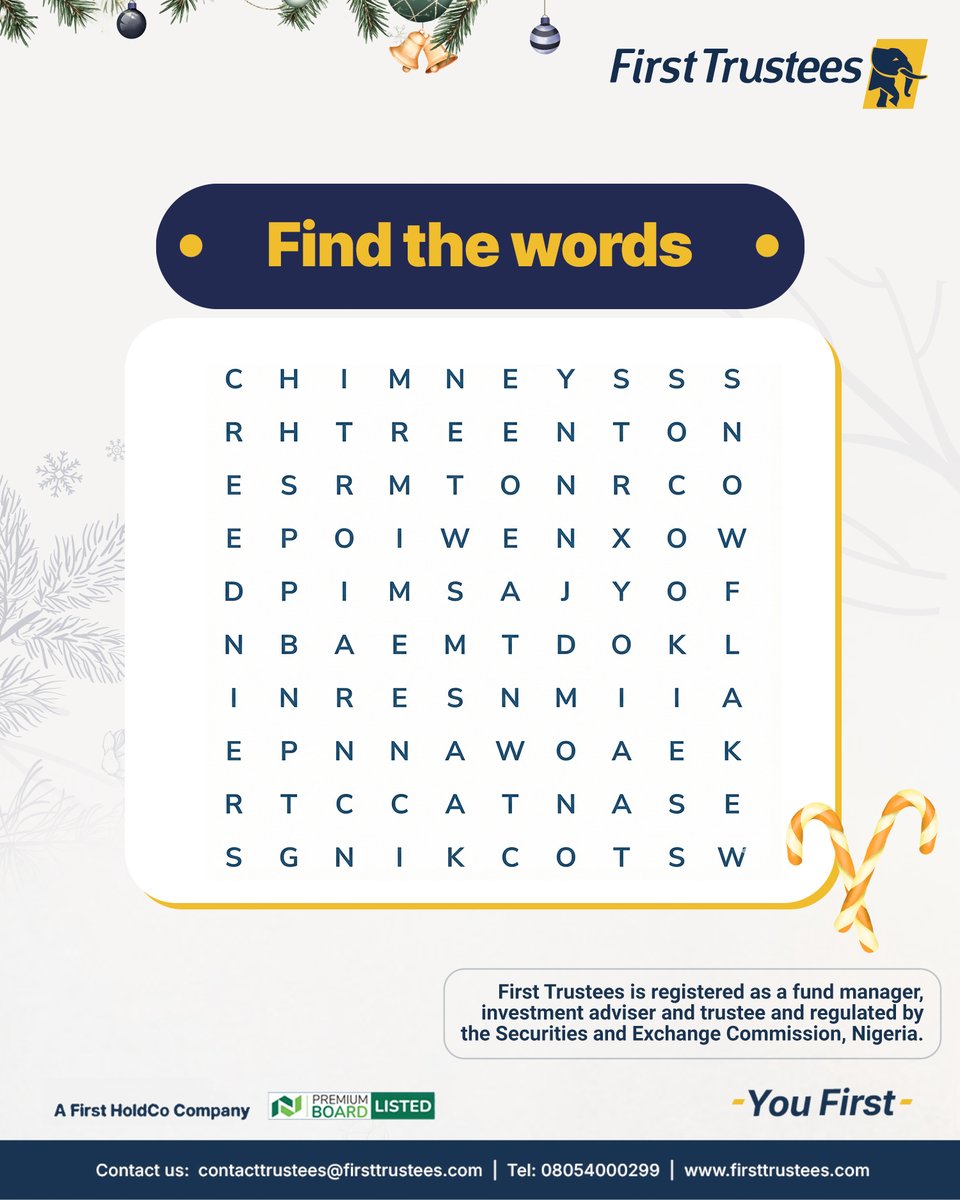 FirstTrustees's tweet photo. Can you spot all the Christmas words in the puzzle?
Tell us in the comments below.
First Trustees is registered as a fund manager, investment advisor and trustees and regulated by the Securities and Exchange Commission, Nigeria.
#FirstTrustees #Christmas #Legacybuilding https://t.co/YlNMFGXwUD