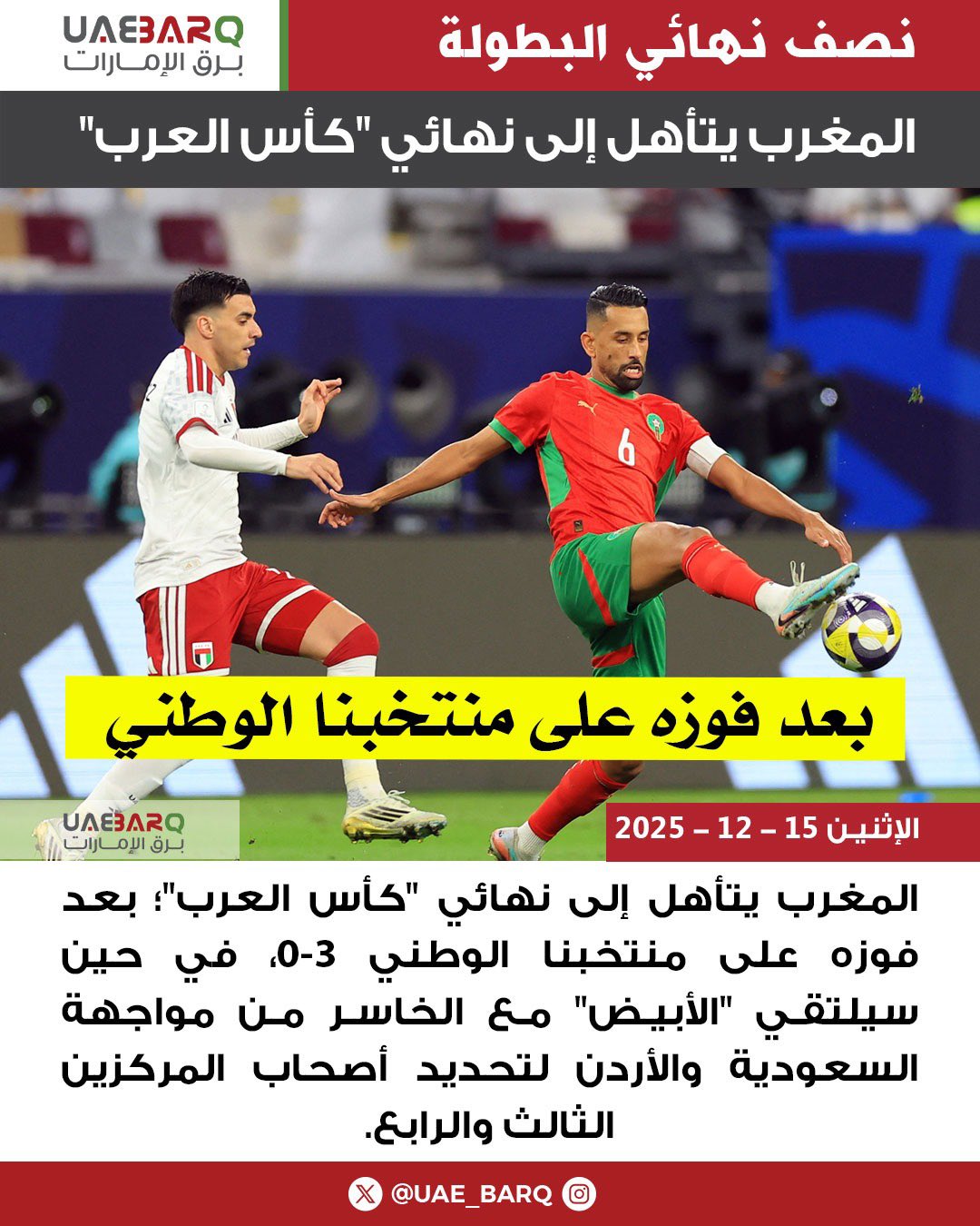 المغرب يتأهل إلى نهائي "كأس العرب"؛ بعد فوزه على منتخبنا الوطني 3-0، في حين سيلتقي "الأبيض" مع الخاسر من مواجهة السعودية والأردن لتحديد أصحاب المركزين الثالث والرابع. 