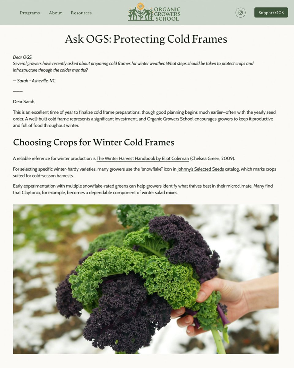 OGSNC's tweet image. Our latest Ask OGS blog breaks down everything growers need to know to protect crops and infrastructure through the cold months, from choosing winter-hardy varieties to managing inner layers, hoops, irrigation, and snow load. Read the full post here: hubs.la/Q03Xw6LQ0