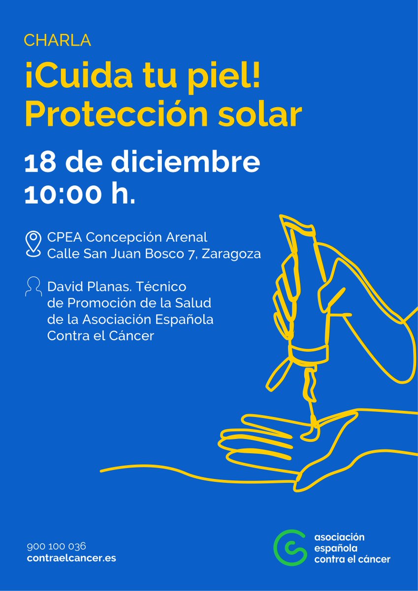 epaarenal's tweet photo. ESTA SEMANA: charlas: «Cuida tu piel. Protección solar» organizadas por la Asociación Española Contra el Cáncer. Tendrán lugar esta semana, ¡toda persona interesada está invitada!
Fechas:
miércoles 17 de diciembre, a las 17:00
jueves 18 de diciembre, a las 10:00 https://t.co/2GrEld8Fdv