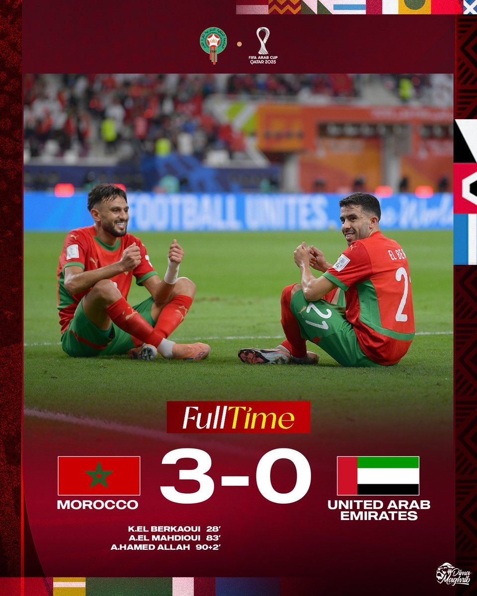 EnMaroc's tweet photo. نهاية المباراة بفوز منتخبنا الوطني على الإمارات وتأهله الى نهائي كأس العرب

🏁 Full-time! 🇲🇦3-0🇦🇪
𝙅𝙤𝙗 𝘿𝙤𝙣𝙚 ✅️ 𝙏𝙤 𝙏𝙝𝙚 𝙁𝙞𝙣𝙖𝙡 🔜

#DimaMaghrib https://t.co/hYCiIMUi7o