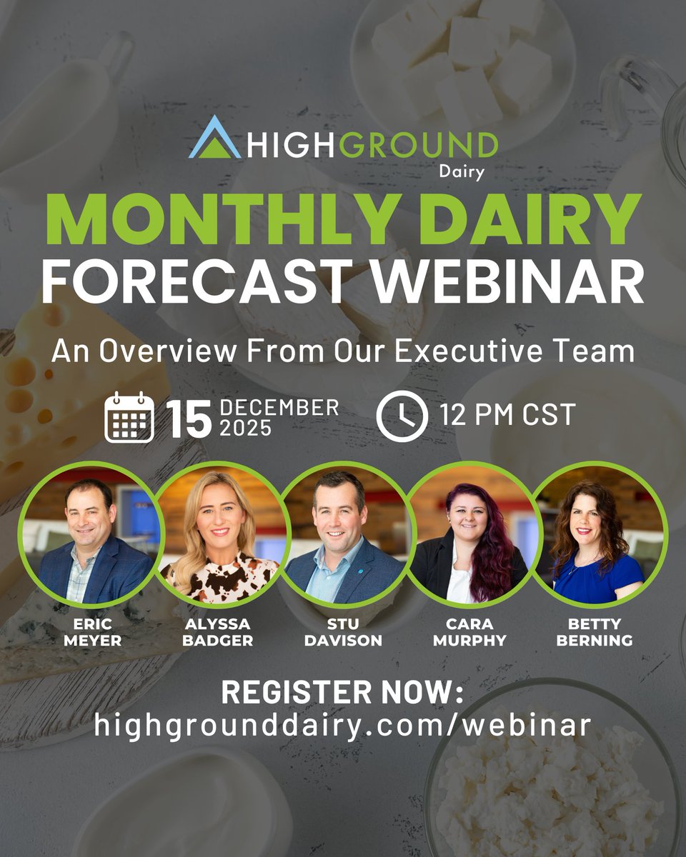 HG's December 2025 Global Dairy Commodity Price Forecast has been published! Our analysts will review the updated forecast in our Outlook Webinar, taking place TODAY @ 12PM CST. Subscribers can register here: hubs.ly/Q03Y8yyj0

#Dairy #Webinar #MarketForecast #Tariffs