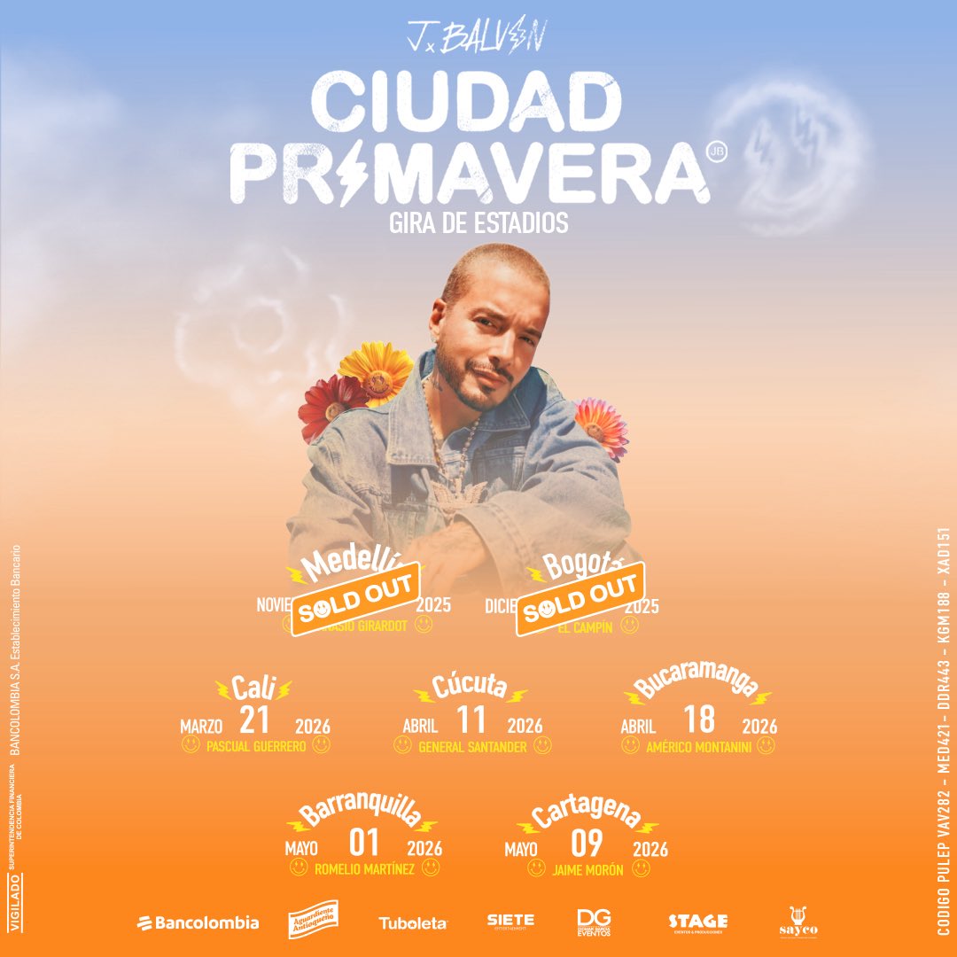 musictrendscol's tweet photo. NUEVO ANUNCIO 📣 

¡J BALVIN se va de gira por los estadios de Colombia 🇨🇴! 

Cali - Marzo 21 
Cúcuta - Abril 11 
Bucaramanga - Abril 18 
Barranquilla - Mayo 1 
Cartagena Mayo 9 

Preventa Bancolombia este viernes a las 10AM en @Tuboletaoficial 🎫

@StageEventos1 https://t.co/F5FqvILvwU