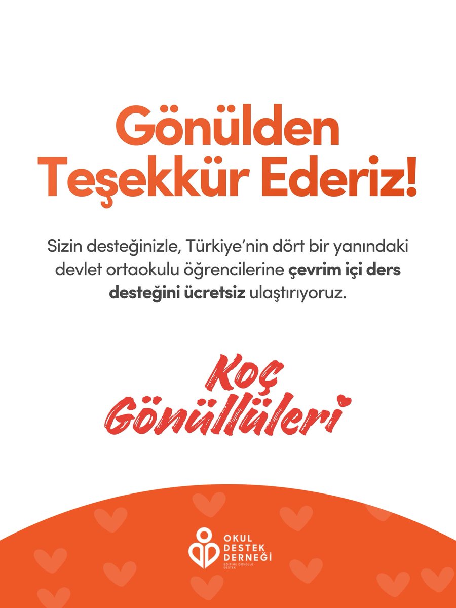 Derneğimize verdiğiniz destekle daha fazla devlet ortaokulu öğrencisi 2025–2026 döneminde ücretsiz çevrim içi ders desteğimizden faydalanacak.

Birlikte daha büyük başarılara imza atmak dileğiyle, eğitime verdiğiniz destek için teşekkür ederiz. 🧡

<a href="/kocholding/">Koç Holding</a>  ❤️