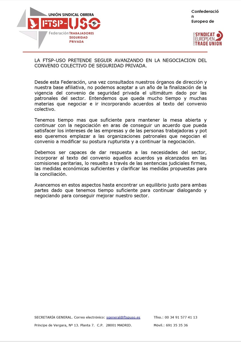 FTSP-USO dice ¡¡NO!! considera insuficiente la nueva propuesta empresarial para firmar el convenio de seguridad privada

Toda la info en: 👇🏻
ftspuso.es/ftsp-uso-dice-…