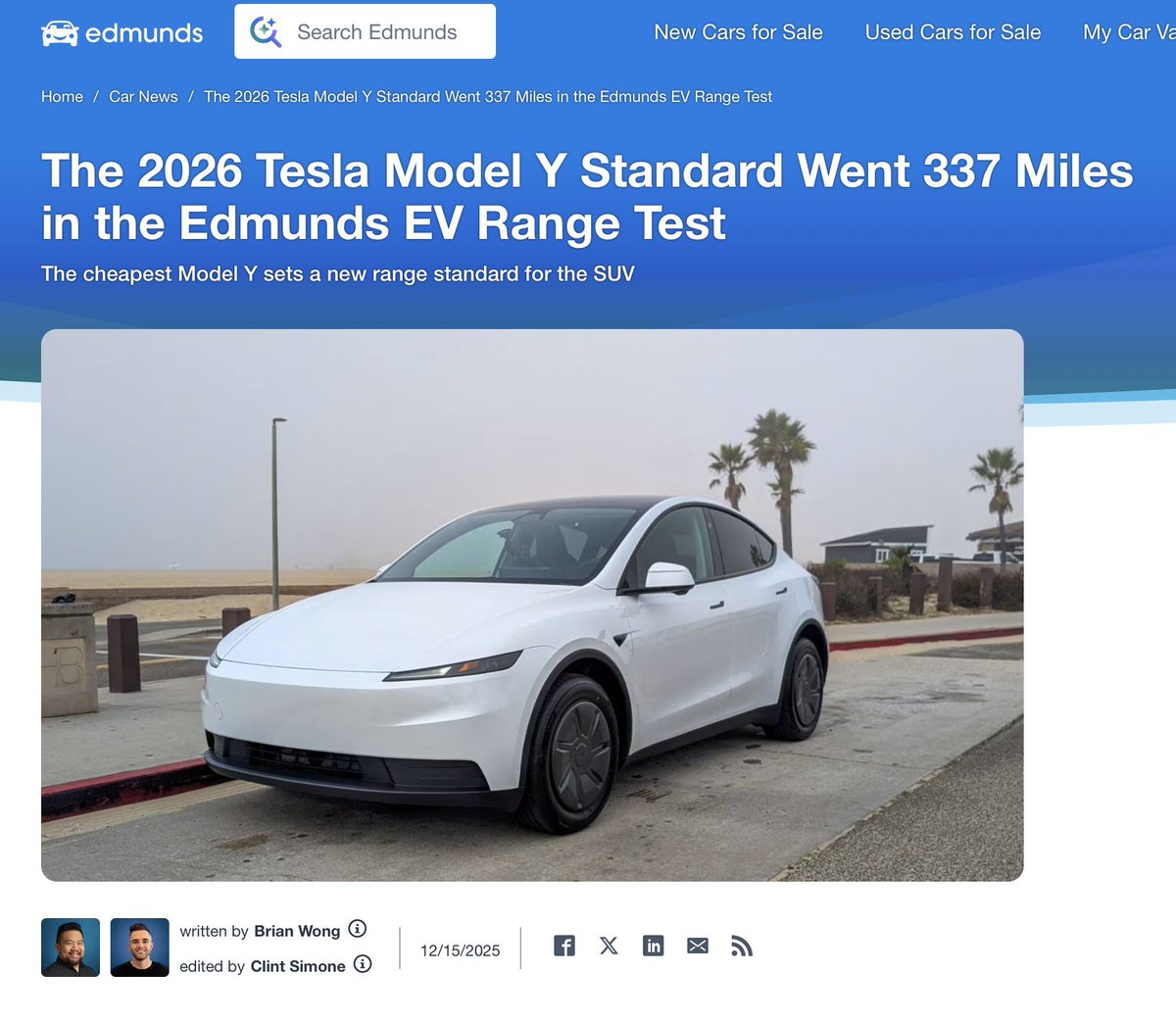 SD_MarketMaster's tweet image. The 2026 Tesla Model Y Standard just posted its best real world result yet.
Edmunds measured 337 miles of range, beating the EPA estimate of 321 miles and setting a new high for any Model Y they have tested.

Even more impressive, it did it with a smaller battery, using just 22.8…