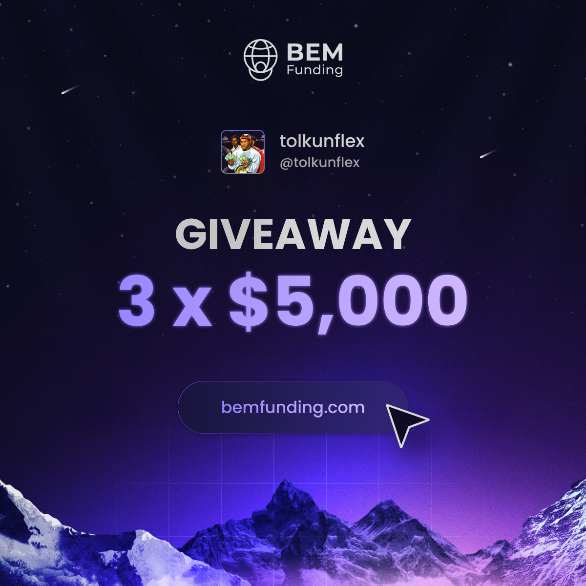 🟣BEM FUNDING 3x$5,000 GIVEAWAY!  

1. Follow <a href="/tolkunflex/">tolkunflex</a> and <a href="/BemFunding/">BEM Funding</a>

2. Like and Repost
 
3. Tag 2 friends  

Winners will be announced in 120 hours ⌛️