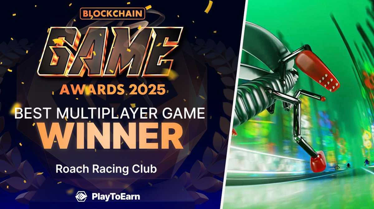 🏆 We did it!  

Roach Racing Club is the winner of the Best #Web3  Multiplayer Game at the @playtoearn Blockchain Game Awards 2025.

This award is especially meaningful because the winner was decided by community voting.

Huge thanks to our coaches — for racing, showing up, and