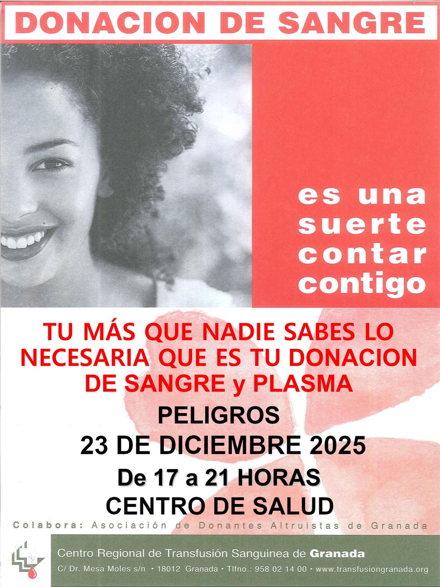 #Unagotadevida <a href="/PuntosVuela/">Puntos Vuela</a>  Vuelve la campaña de donación de sangre a #Peligros
<a href="/PeligrosSuena/">Ayuntamiento de Peligros</a>

Os esperamos en el Centro de Salud de Peligros el martes 23 de Diciembre de 17 a 21 horas