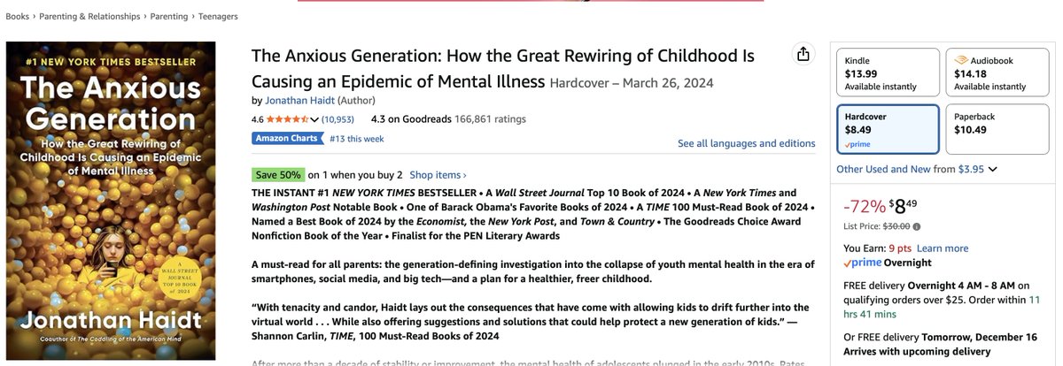 I mostly talk about manga but I also read a ton of other books. 

The Anxious Generation is by far the best book I read in 2024 and it is now on sale at 72% off on Amazon for $8.49.

This book was worth full price. I even had my teenage daughter read it.

amzn.to/3KM1NJA