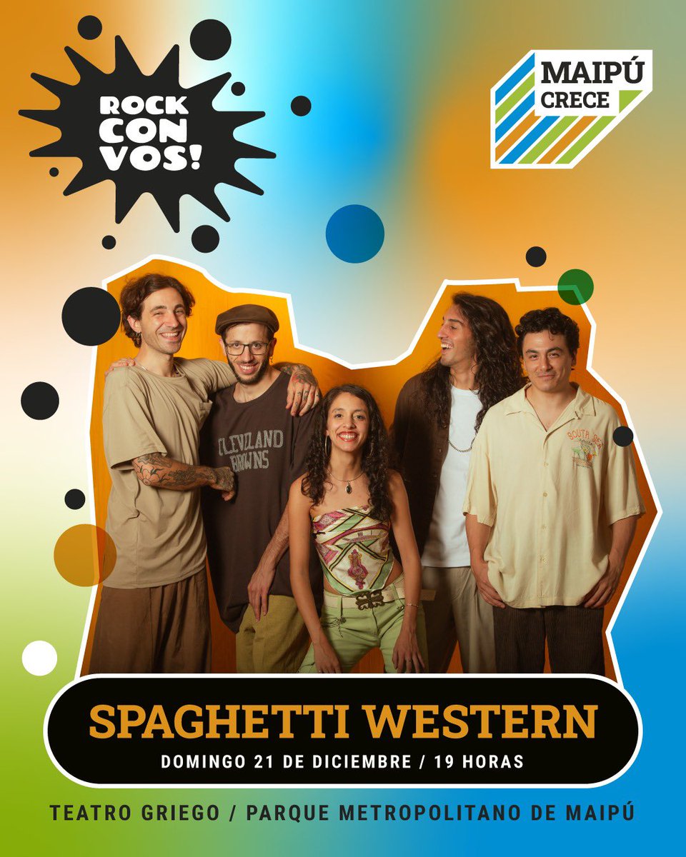 🎸 Llega ROCK CON VOS a Maipú

📍 Teatro Griego – Parque Metropolitano
🗓 Domingo 21 de diciembre
🕖 Desde las 19 h
🎟 Entrada libre
🍔 Food trucks + DJ en vivo

En escena:
🎶 Spaghetti Western
🎶 Pasado Verde

El rock suena en Maipú. Y se vive con vos.