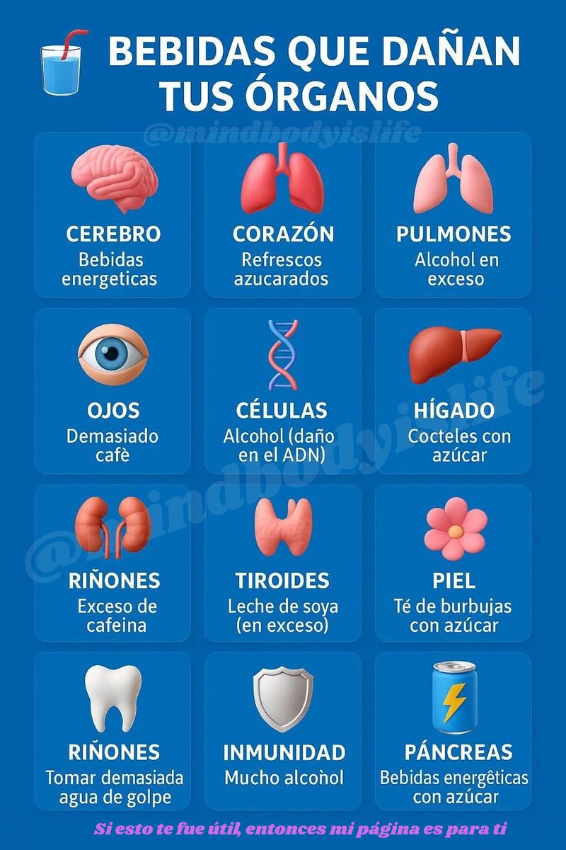 MindBodyIsLife's tweet photo. BEBIDAS QUE DAÑAN TUS ÓRGANOS

CEREBRO
Bebidas energéticas

CORAZÓN
Refrescos azucarados

PULMONES
Alcohol en exceso

OJOS
Demasiado café

CÉLULAS
Alcohol (daño en el ADN)

HÍGADO
Cócteles con azúcar

RIÑONES
Exceso de cafeína

TIROIDES
Leche de soya (en exceso)

PIEL
Té de burbujas con azúcar

DIENTES
Tomar demasiada agua de golpe

INMUNIDAD
Mucho alcohol

PÁNCREAS
Bebidas energéticas con azúcar
