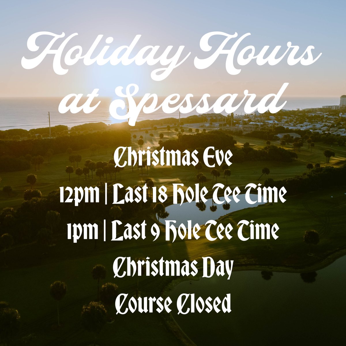 spessardgolf's tweet photo. Christmas Hours at Spessard! On Christmas Eve the last 18 hole tee time will be at 12pm and the last 9 hole tee time will be at 1pm. We will be closed on Christmas Day. https://t.co/GJdyUZu5Ga