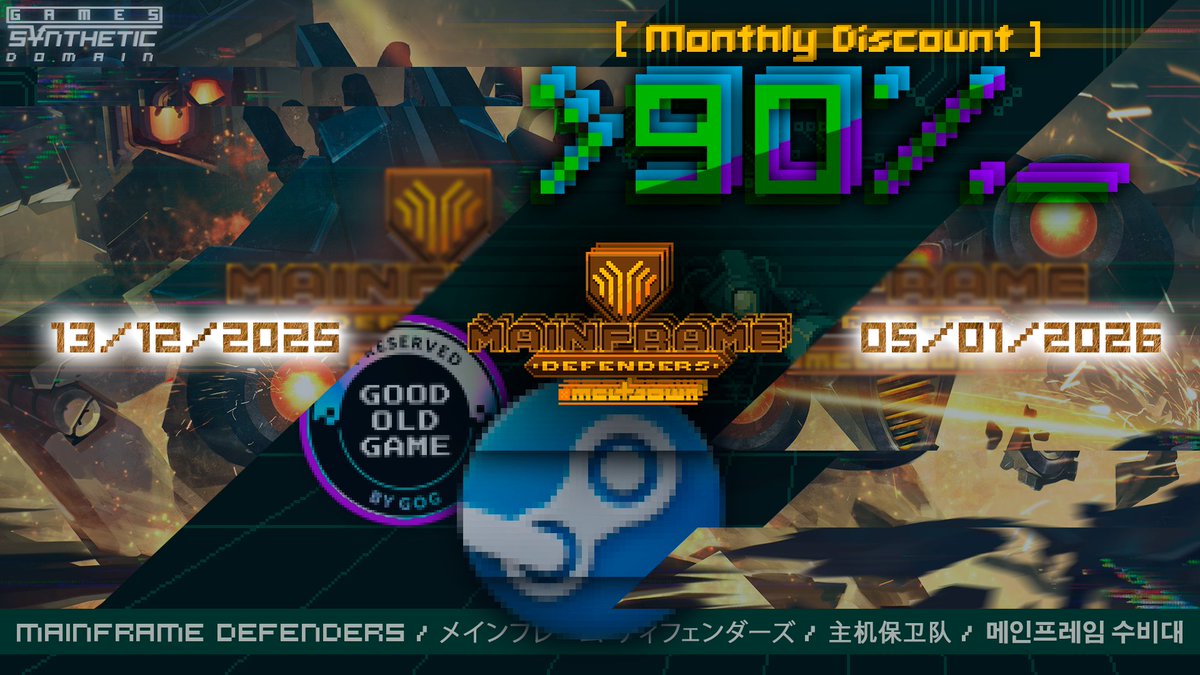 SyntheticDomain's tweet image. Our sale on GOG and Steam has started, and one of our projects is taking part.

[ Mainframe Defenders ] 
Steam - tr.ee/xZUBry 
Steam DEMO - tr.ee/ycHam2
13- 5 Jan.

GOG - tr.ee/7hhMk3
GOG DEMO - tr.ee/HQKHOo
11 Dec. - 3 Jan.

Discount…