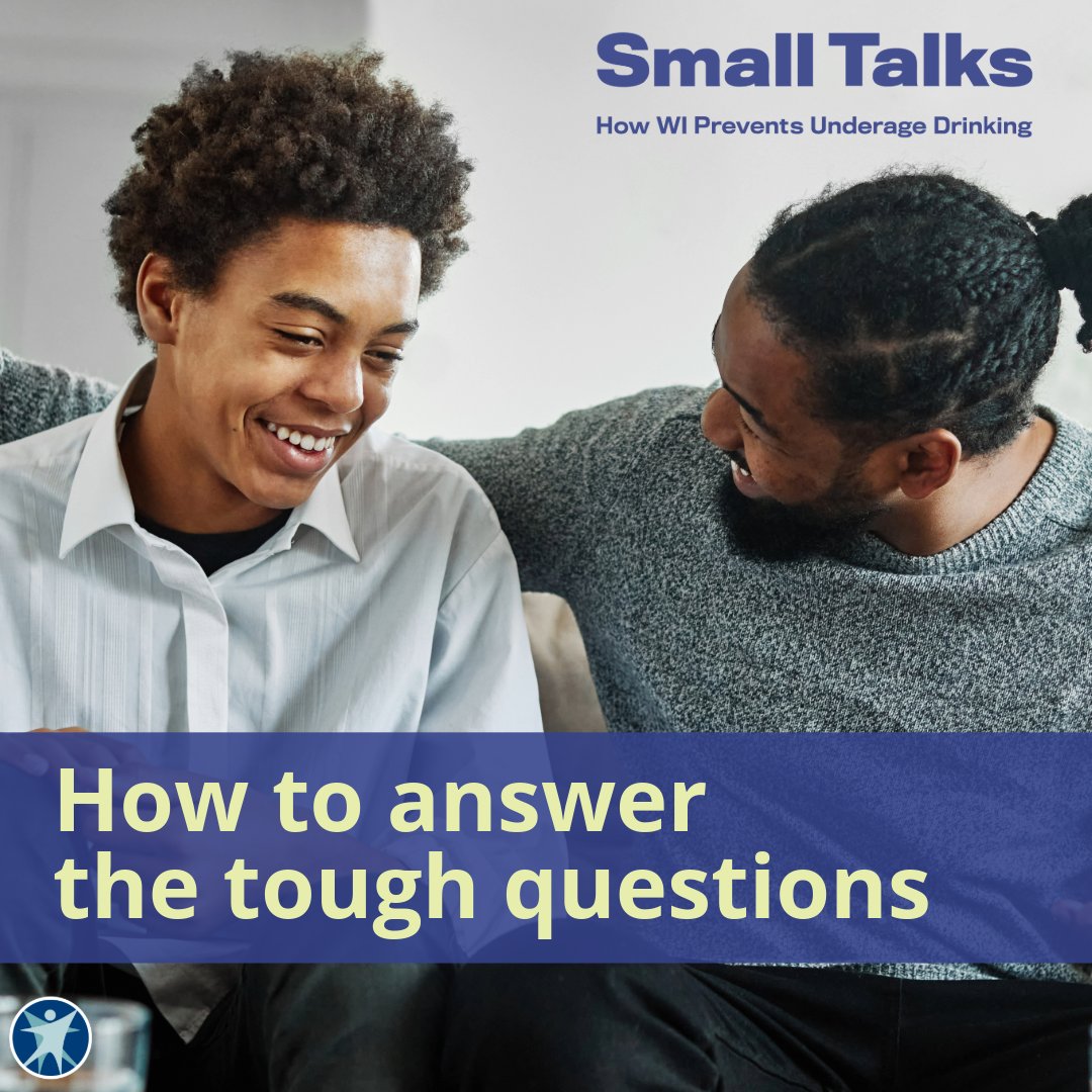 DHSWI's tweet image. You may get hit with tough questions when talking with kids about the dangers of underage drinking. The good news? That’s okay. It’s a sign you’re on the right track. Get prepared with straightforward answers to the thorny questions: dhs.wisconsin.gov/small-talks/st… #SmallTalksWI #alcohol