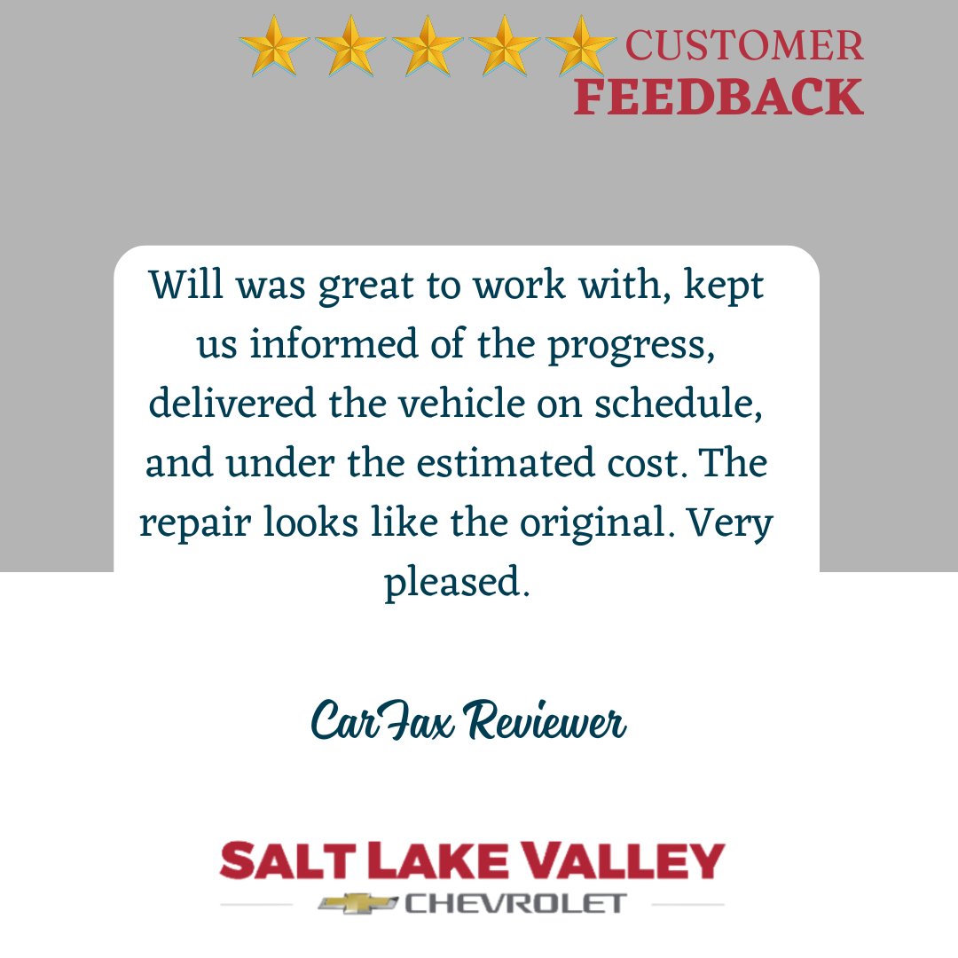 SLVChevy's tweet image. Thank you for sharing your experience! We’re glad to hear that Will kept you informed throughout the process and that your vehicle was delivered on schedule and under the estimated cost. It’s great to know the repair met your expectations. We appreciate your trust and look...