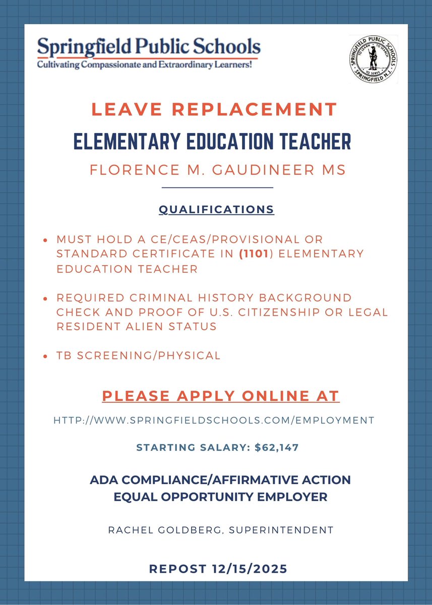 SpringfieldSchs's tweet image. Elementary Leave Replacement Teacher
@NJSchoolJobs

To Apply: applitrack.com/springfield/on…