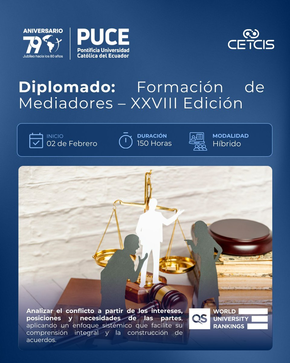 MediacionPUCE's tweet photo. Conviértete en Mediador/a
El Centro de Mediación CEMASC-PUCE abre sus inscripciones para el Curso de Formación de Mediadores Edición XVIII.
Inicio: 02 de febrero de 2026
Modalidad: Híbrida
Duración: 150 horas
Revisa la información completa e inscríbete: https://t.co/yozYhHxBgi https://t.co/1kkyUrs34K