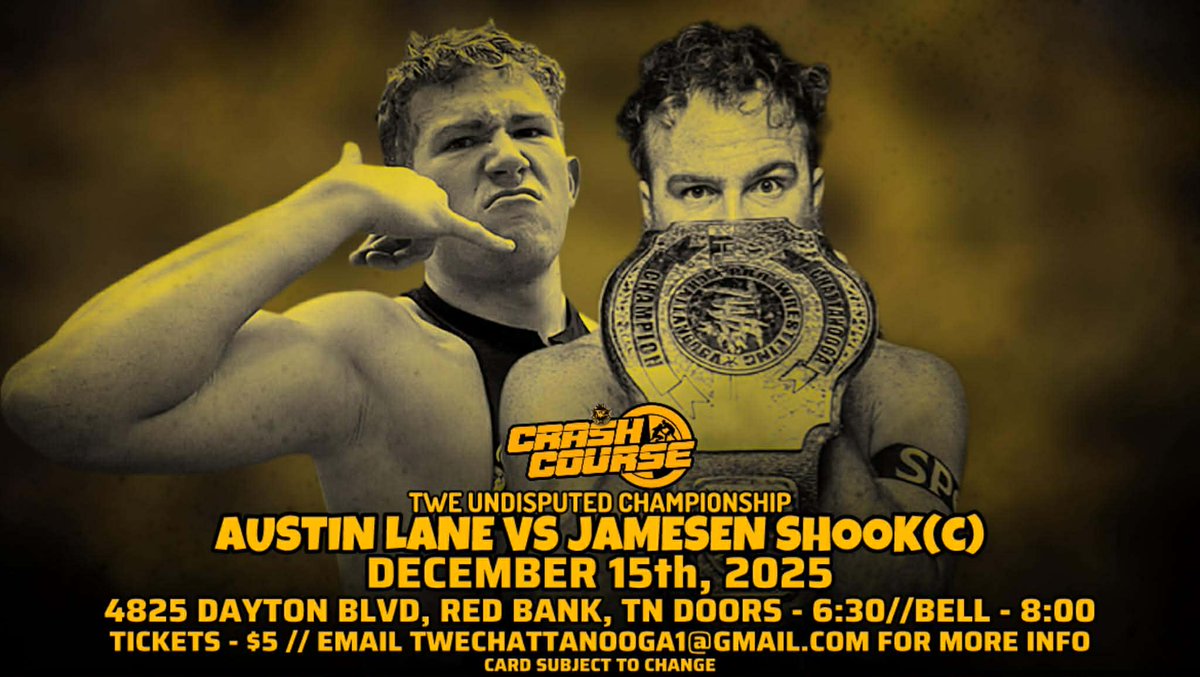 TONIGHT TONIGHT TONIGHT 

TWE Crash Course
2845 Dayton Blvd 
Red Bank TN 

8PM Bell Time!
Tickets only 5 dollars!!