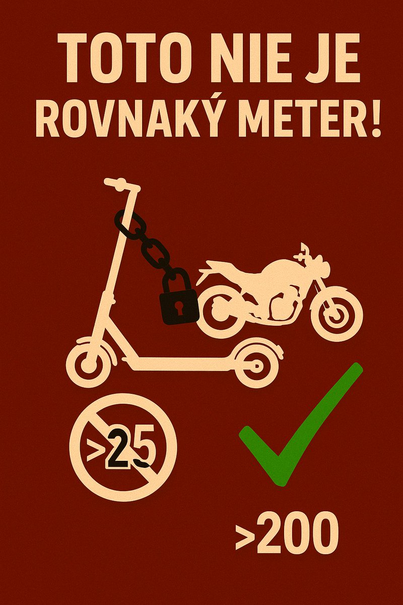 TOTO NIE JE ROVNAKÝ METER.
E-KOLOBEŽKA nad 25 km/h = zákaz.
Motorka nad 200 km/h = legálne.
Chceme férové pravidlá: regulovať rozumne, nie zakazovať plošne.
#mikromobilita #doprava #Slovensko #elektrickakolobezka #bezpecnost