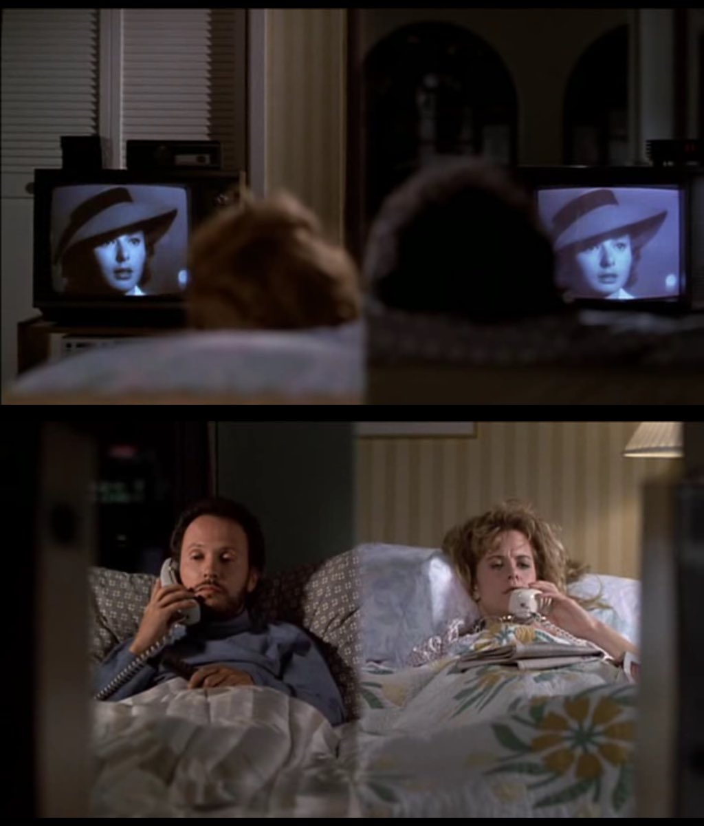 pelicinema's tweet photo. watching casablanca together but separately always made me swoon in when harry met sally. the use of the split screen calling back to how it was used in old hollywood films. a masterful scene from a masterful director like rob reiner https://t.co/SMZaFd0N5C