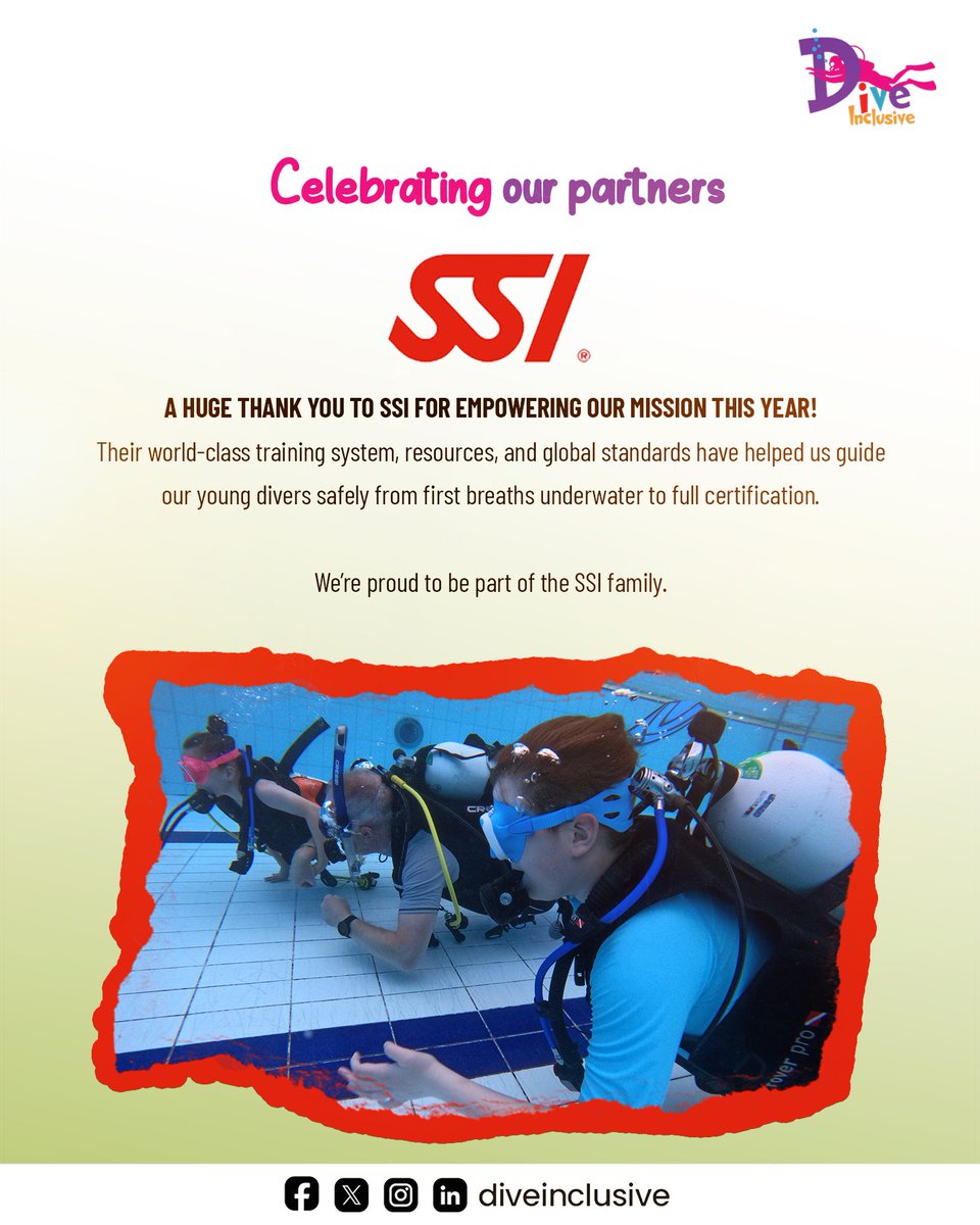 DiveInclusive's tweet image. A huge thank you to SSI for empowering our mission this year! 💙🌊
Their world-class training system, resources, and global standards have helped us guide our young divers safely. @diveSSI 

#diveinclusive #support #impact #youthempowerment #thankyou